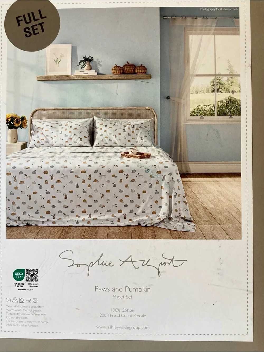 NEW Sophie Allport “Paws and Pumpkin” Print White Cotton Sheet Set- size full